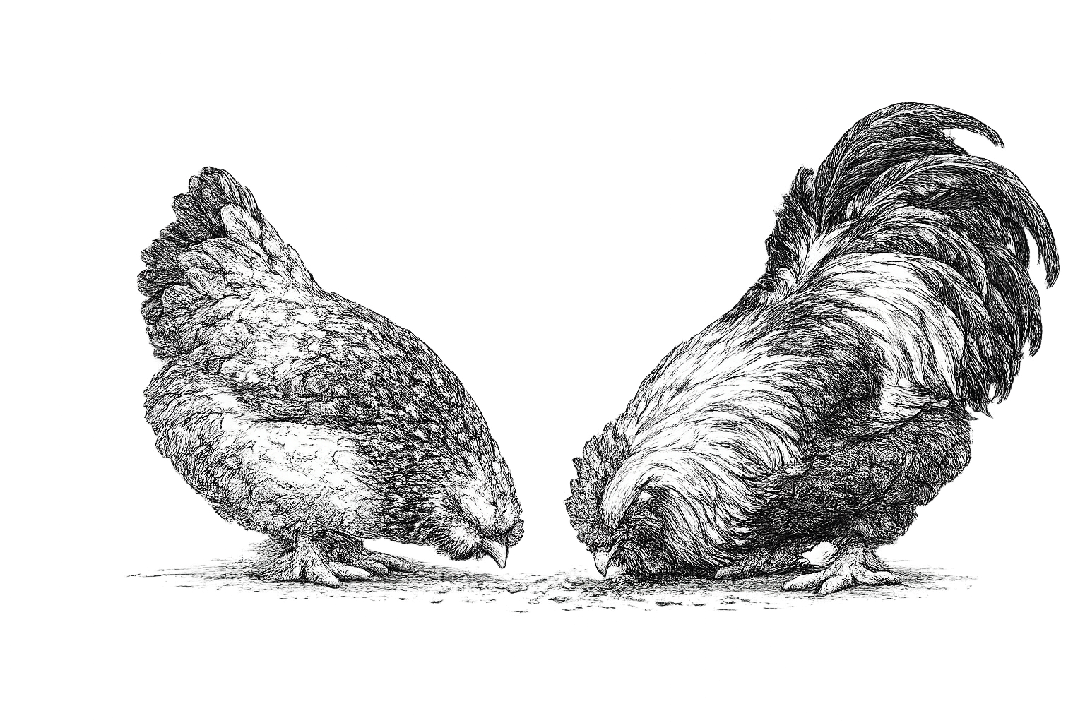 Illustration au trait de deux poules Faverolles allemandes picorant des graines au sol, face à face